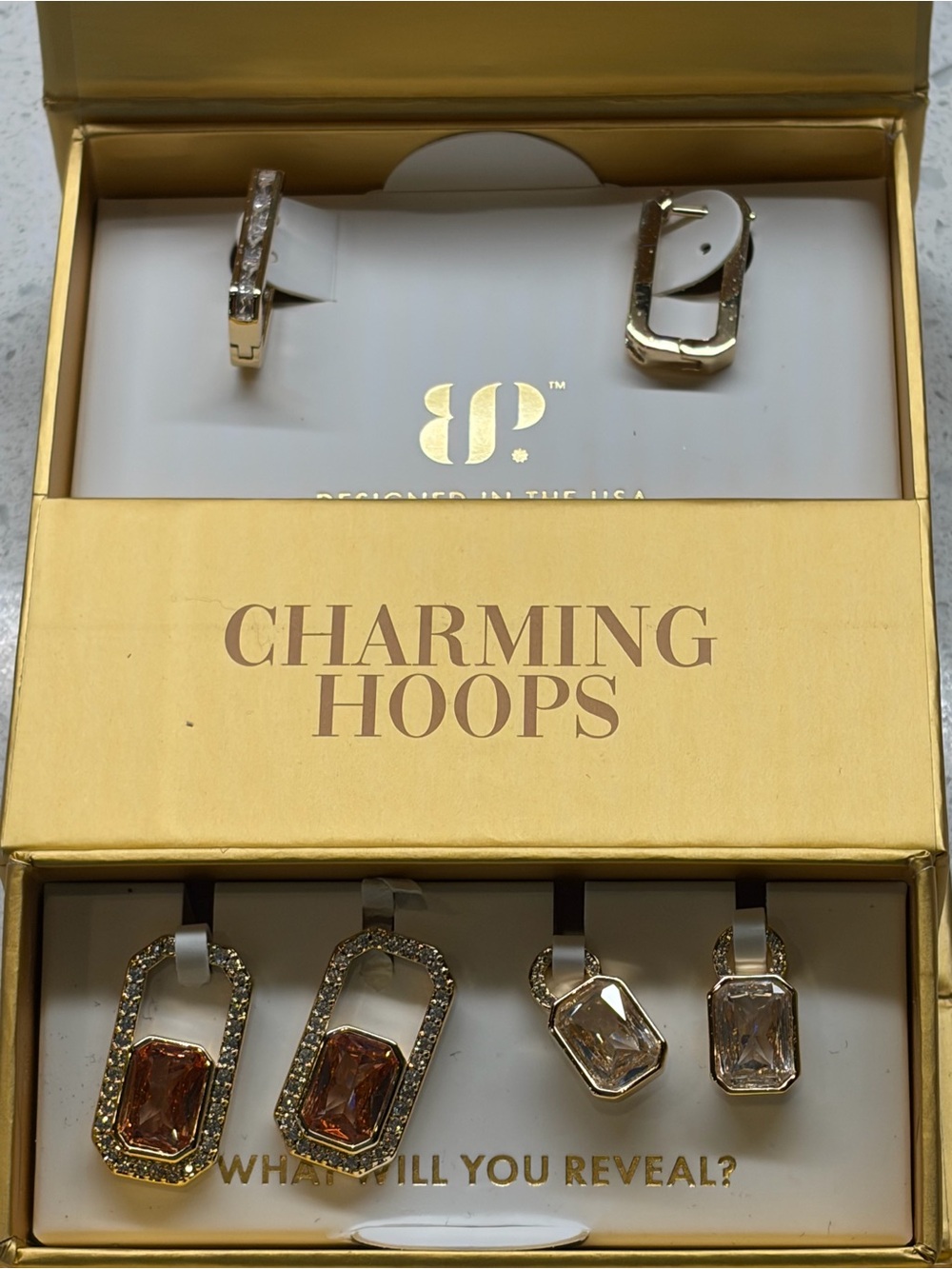 Charming Hoops Gold-Tone Earring Set with Amber and Clear Stones